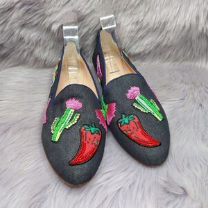 Kate Spade Blue Denim Embroidered Saville Loafers Flats Size 7.5 Cactus Chili